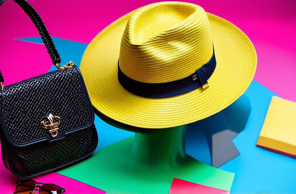  stylish hat on mannequin, bag and sunglasses on color background, neon colors ar 3:2 {prompt}, maximum details