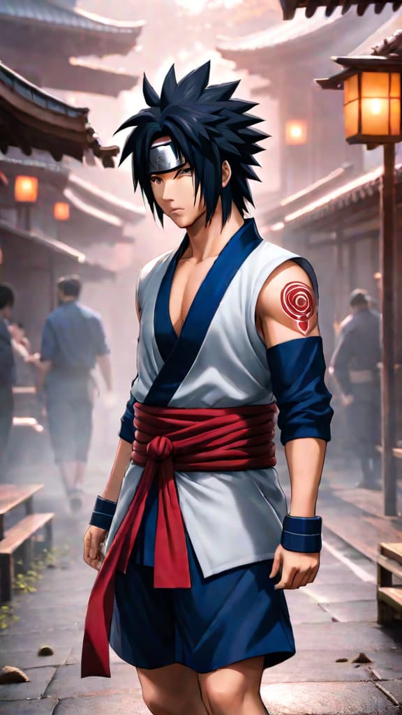  anime art: sasuke uchiha seeks strength and clarity, departing konoha for answers beyond revenge. hyperrealistic, full body, detailed clothing, highly detailed, cinematic lighting, stunningly beautiful, intricate, sharp focus, f/1. 8, 85mm, (centered image composition), (professionally color graded), ((bright soft diffused light)), volumetric fog, trending on instagram, trending on tumblr, HDR 4K, 8K