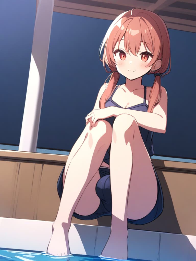  women's elementary students (male), twin tails, cute smiles, (rich s), low stature, dark blue swimwear, old swimwear, , simple, (upward), , (bulge), front, whole body, pool side. ,,,