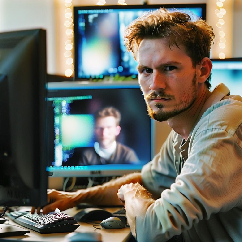  cinematic photo white man sits at work computer on monitor . 35mm photograph, film, bokeh, professional, 4k, highly detailed, perfecteyes, perfect hands, film photography style