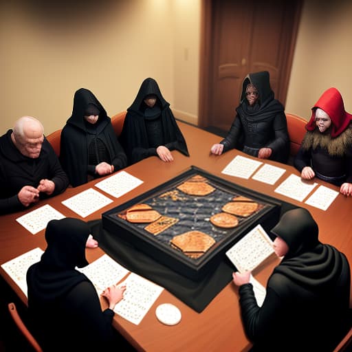  4 5 players, a master in a black hood and on the table the forms of the players are playing board role playing games with the signature "dementia and courage!"