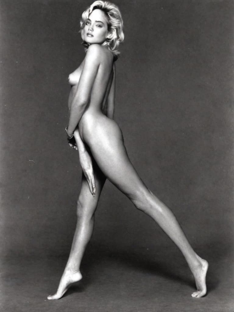  A young Sharon Stone, no clothes posing in various sensual positions, RAW, Realistic, medium-full body view.