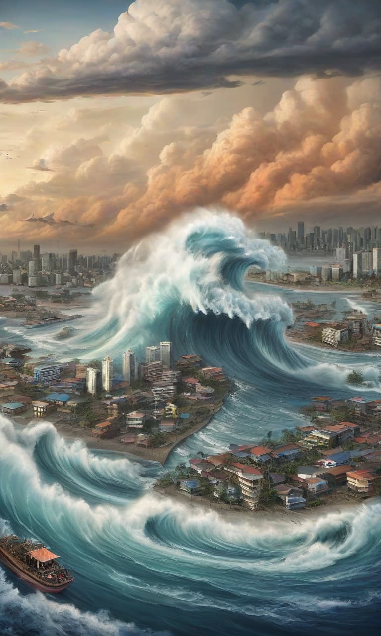  draw a detailed picture of how the tsunami is moving towards the city