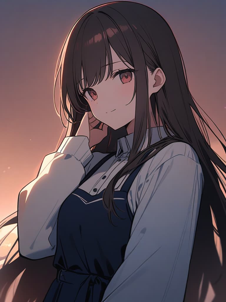  gentle illustration {clean beautiful girl:1.2}{dark brown hair:1.2}{shiny straight long hair:1.2}{half up:1.2}{gentle smile:}{she is wearing a dress with white collar on dark blue background}{upper body} masterpiece,high quality,16k