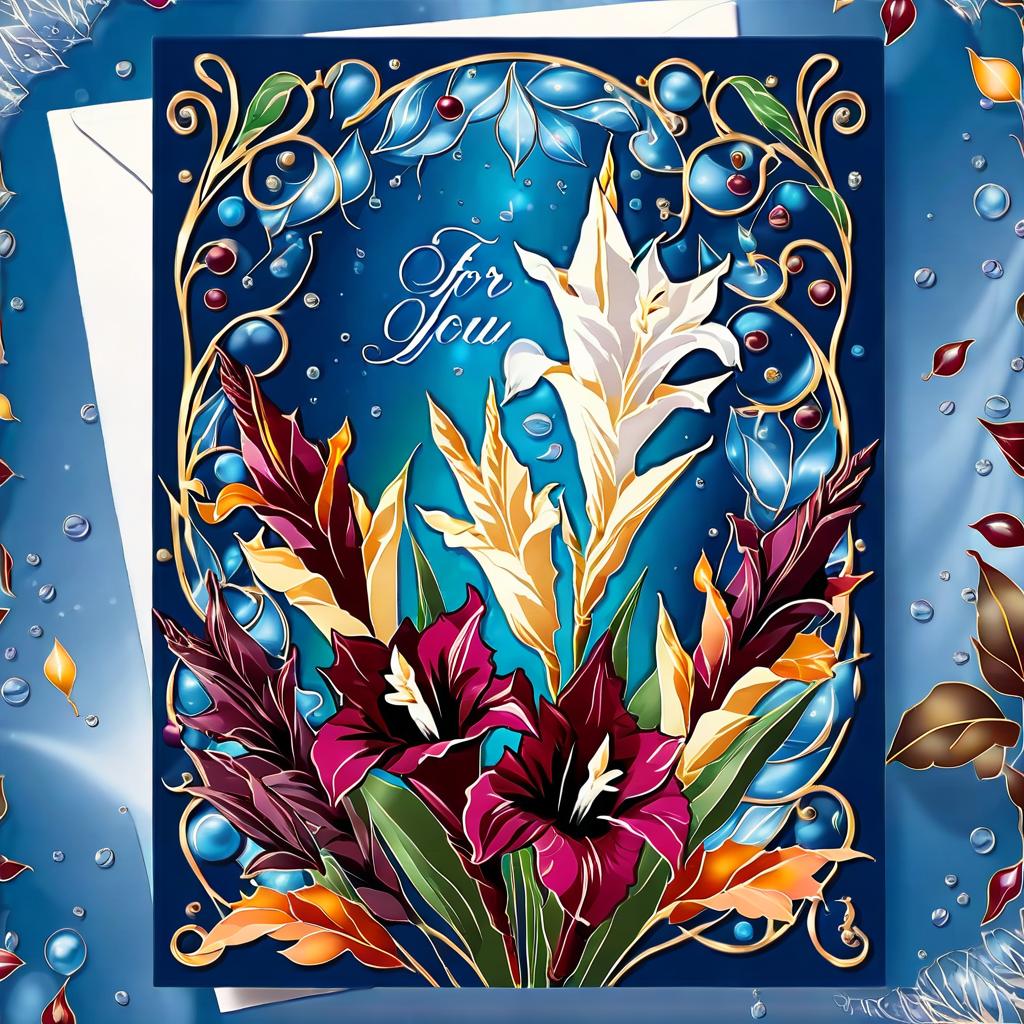  dreamscape (crystal tall glass):champagne with ice cubes and chocolate.(birthday card) card design: blue blue background with (((decorated with fine fractal glitter, bright leaves, ink sketch lines on a blue background, outlines, falling autumn leaves, silver swirls, autumn leaves, ((profile of a woman's face, in the style of autumn art fantasy 1,3)) . (in the centre of the card a bouquet with white gladioluses with the inscription (("for you")).((bouquet of burgundy gladioluses surrounded by multicoloured foliage 1,2)) (colour of the bouquet): burgundy red with orange border. (foliage colour) :golden, silvery white, burgundy, green, golden green, (style):fantasy, design art, greeting cards. (style):fantasy, advertising, art design. . sur