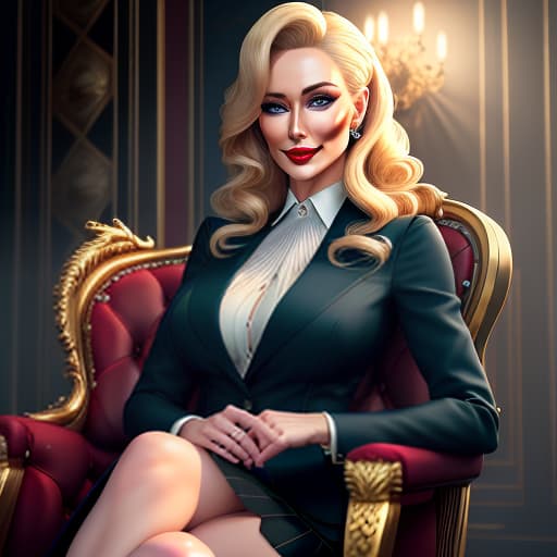  A woman sits in a chair, blond hair, fair skin, blue eyes, red lipstick, business suit, skirt, haughty look, casino., Photorealistic, Hyperrealistic, Hyperdetailed, analog style, demure, detailed skin, pores, smirk, smiling eyes, matte skin, soft lighting, subsurface scattering, realistic, heavy shadow, masterpiece, best quality, ultra realistic, 8k, golden ratio, Intricate, High Detail, film photography, soft focus hyperrealistic, full body, detailed clothing, highly detailed, cinematic lighting, stunningly beautiful, intricate, sharp focus, f/1. 8, 85mm, (centered image composition), (professionally color graded), ((bright soft diffused light)), volumetric fog, trending on instagram, trending on tumblr, HDR 4K, 8K