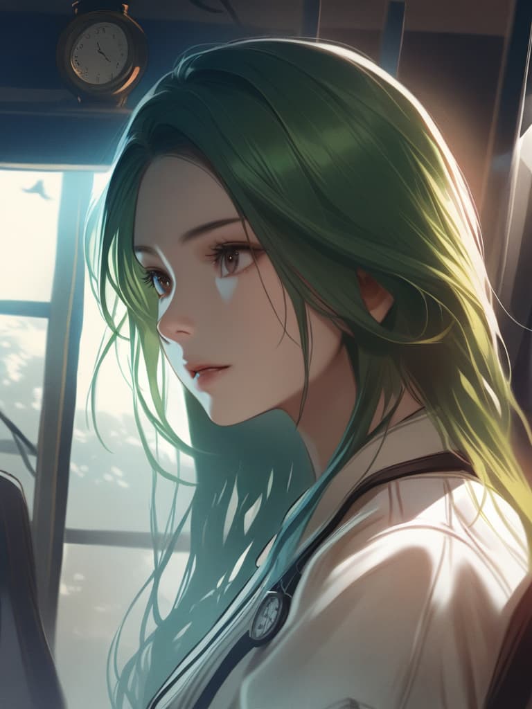  1girl,green hair,(((the clock is ticking:1.5))),realistic