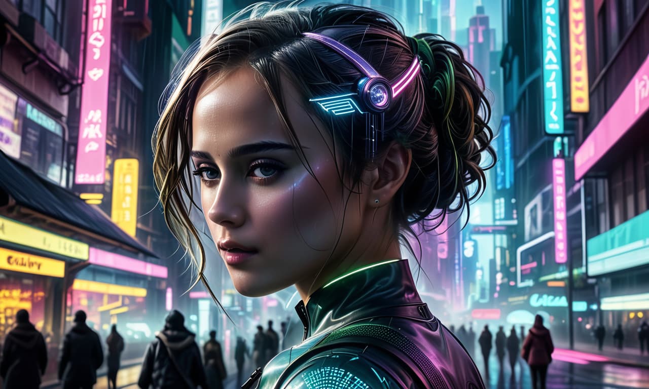  (masterpiece, digital art: 1.3), a very complex double exposure drawing inspired by yuumei, (alicia vikander) superimposed on a busy city street, cyberpunk aesthetics, cgsociety trend, multiple exposure technique, texture overlay with luminous holographic elements, technicolor color palette, bright city lights illuminating the scene, reminiscent of color the gamut of the matrix movie on pinterest, high definition images, colorful fairy tale atmosphere, carefully crafted details in digital art, futuristic and vivid, exciting visual storytelling., civitai, glowneon