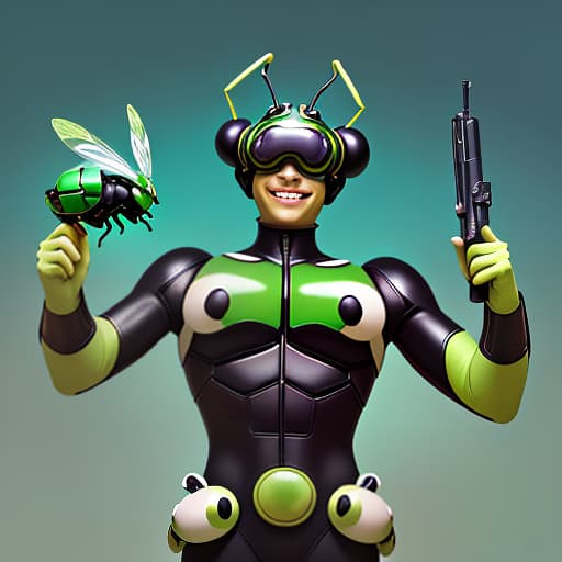  cute cartoon insect beetle character with a green body, big expressive eyes and a smile on his lips. on his head he has a huge brown helmet with goggles, giving him an adventurous look. the insect beetle stands confidently holding a blaster, he has graceful wings and long tendrils. the background is simple and bright inside the starship to emphasize the charm of the funny character with the weapon.