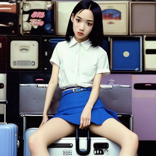  arafed woman in a white shirt and blue skirt sitting on a suitcase, kiko mizuhara, miniskirt, dj sura, +81 magazine, kiyoko suzuki, id magazine, ji-min, akira moto, yukii morita, maxim magazine, milk bar magazine, magazine 1990's, rinko kawaichi