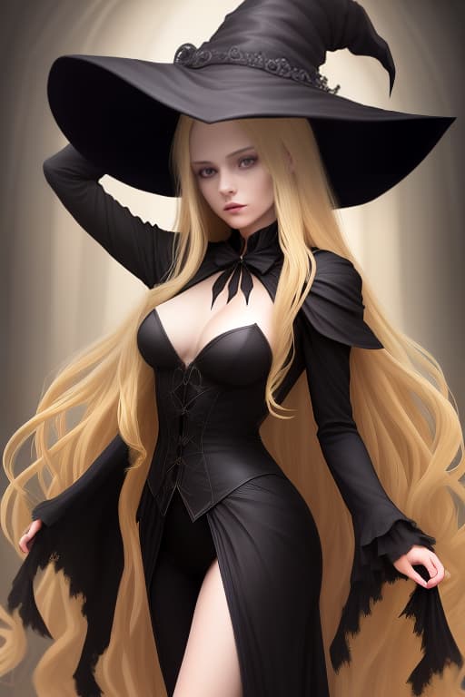  a in a witch costume, blond long hair, medium size, deep open age in a suit, black witch costume