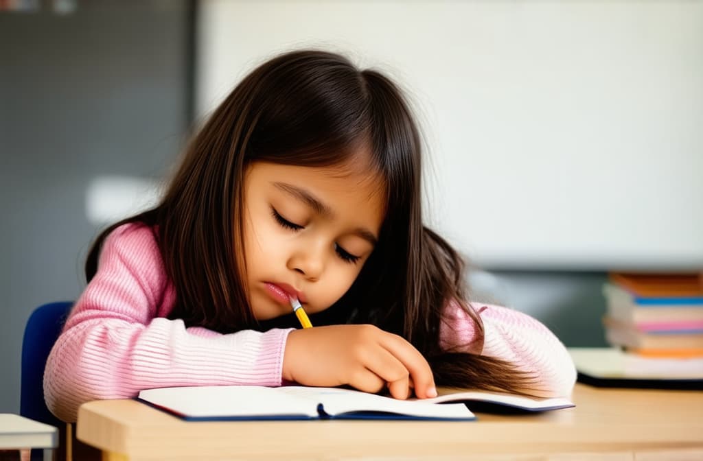  a girl of primary school age sits at a desk doing her homework, is tired and falls asleep, resting her head on the desk and closing her eyes. {prompt}, maximum details