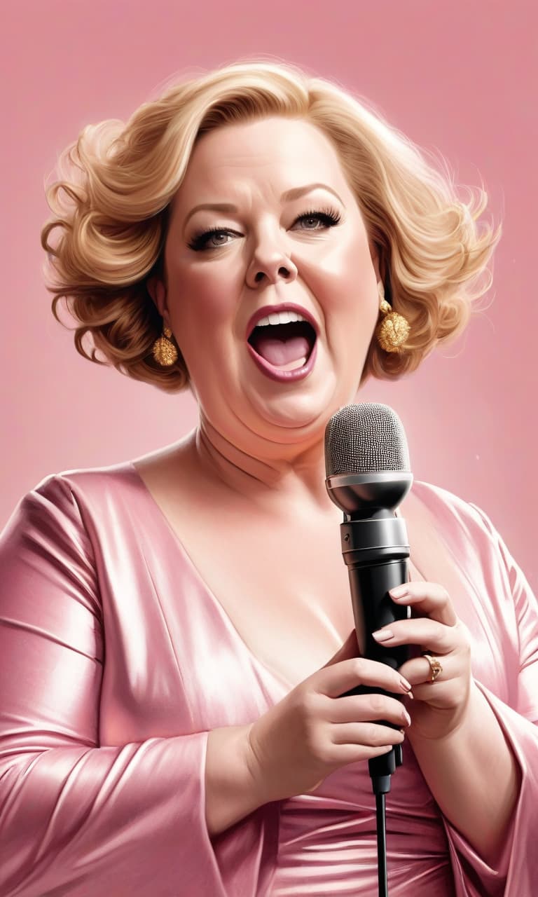  concept art pink, gold, black, white stage bald melissa mccarthy with a microphone . digital artwork, illustrative, painterly, matte painting, highly detailed, perfect hands