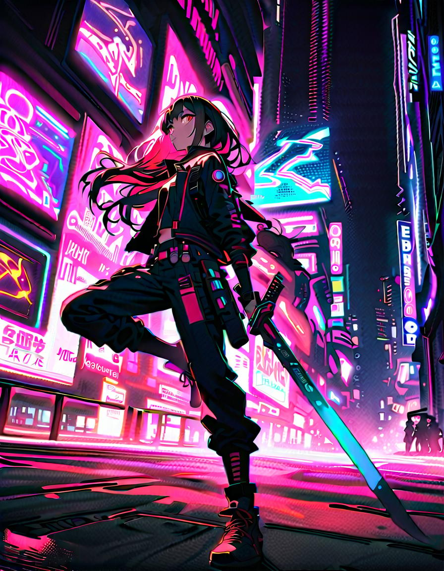  a young man in his 20s, wielding a katana with dynamic movement, determined and focused, break a cyberpunk warrior in a neon lit city., a chaotic urban environment, graffiti, futuristic weapons, neon signs, and holographic displays, break vibrant and high energy, glowing neon effects, motion blur, and futuristic visual overlays,