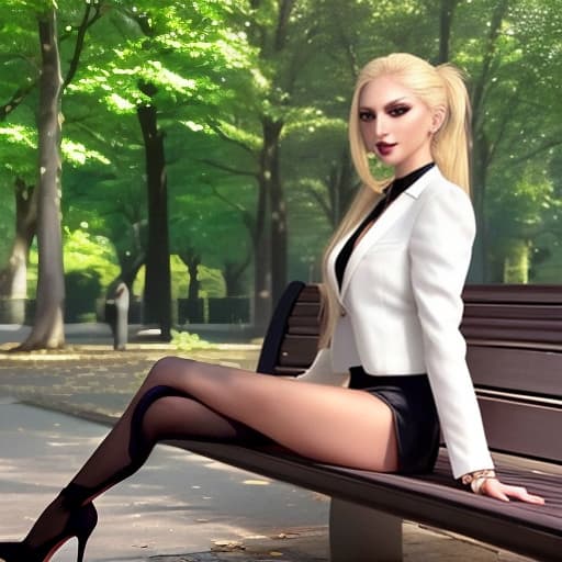  A beautiful slender woman. Smiling. With suntanned skin. With full lips. With long blonde hair in a ponytail. Wearing dark makeup. with smokey eyes. Wearing jewelry. Wearing a miniskirt. Wearing a cropped blazer. Wearing ultra high heel pumps . Sitting on a bench in a park. Viewed from the side.