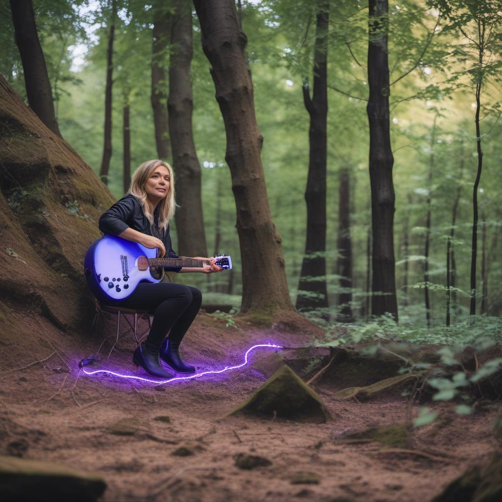  jolie fille qui joue de la guitare électrique dans une forêt hantée violette , profile image style