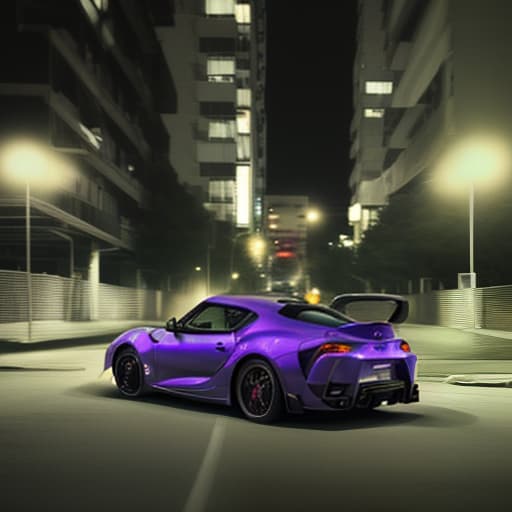  a realistic black toyota supra car driving fast down a street at night, an album cover, inspired by zhu da, tumblr, realism, dioaxizine purple, toyota supra, crime scene photo, behind the scenes, saturation 40, unreleased, rear shot, new album cover, ffffound, 3d