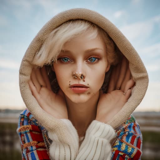 portrait+ style Russian LGBT queer fashion model blonde female face