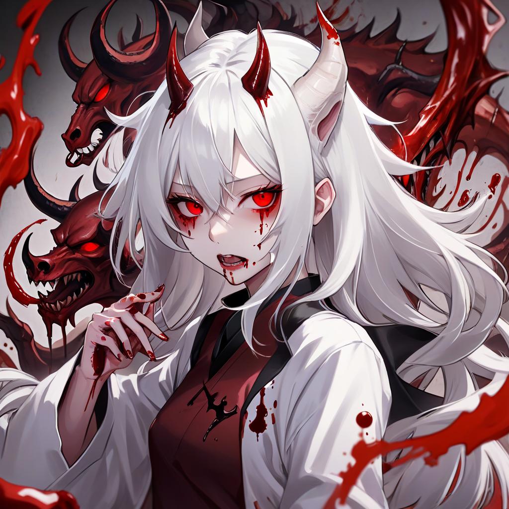  demon , white hair, asian, red shades, blood on the face, 