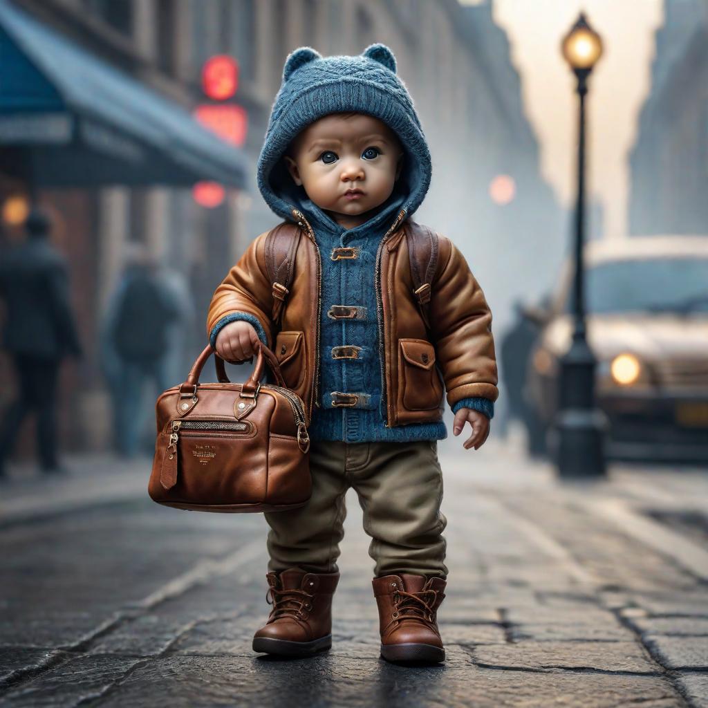  un bébé tenant un sac hyperrealistic, full body, detailed clothing, highly detailed, cinematic lighting, stunningly beautiful, intricate, sharp focus, f/1. 8, 85mm, (centered image composition), (professionally color graded), ((bright soft diffused light)), volumetric fog, trending on instagram, trending on tumblr, HDR 4K, 8K