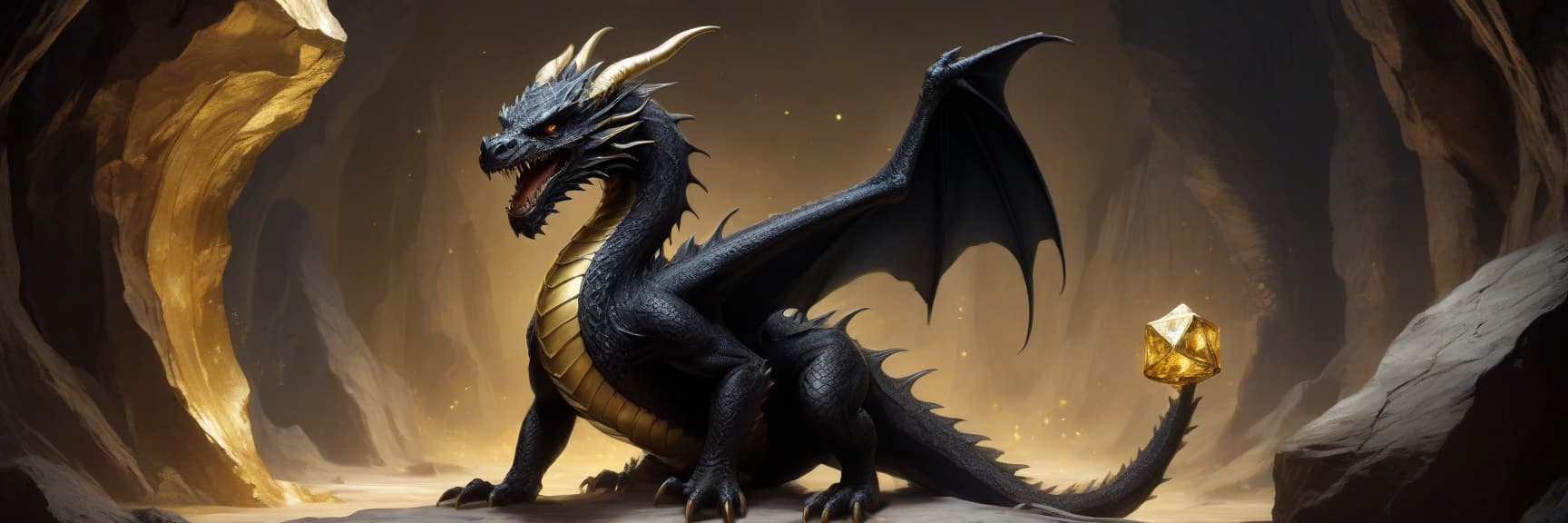  a black dragon holds a cube (bone, dais) d20 in its front paws, side d20 to the viewer, growls, behind a symmetrical background cave with gold, image size for a banner for vkontakte