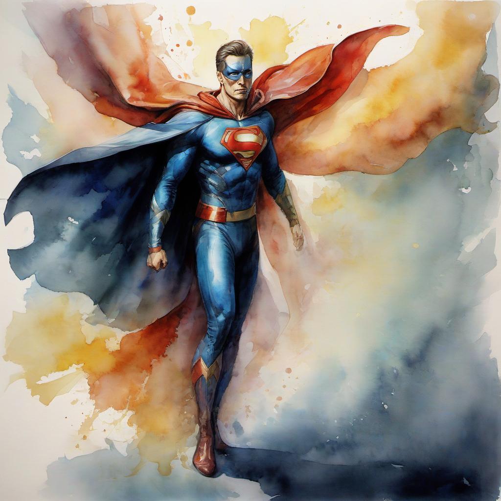  watercolor painting make a full length superhero in a long cloak with a kind human face whose main superpower is the combination of the two energies of law and the energy of life, through which the successful implementation of the plan is combined . vibrant, beautiful, painterly, detailed, textural, artistic