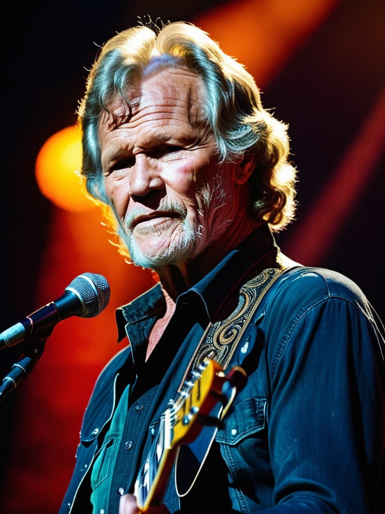  A portrait of Country singer, Kris Kristofferson, on stage, medium shot, upper body, spotlight, long exposure lighting, street art style spray paint, glamour lighting