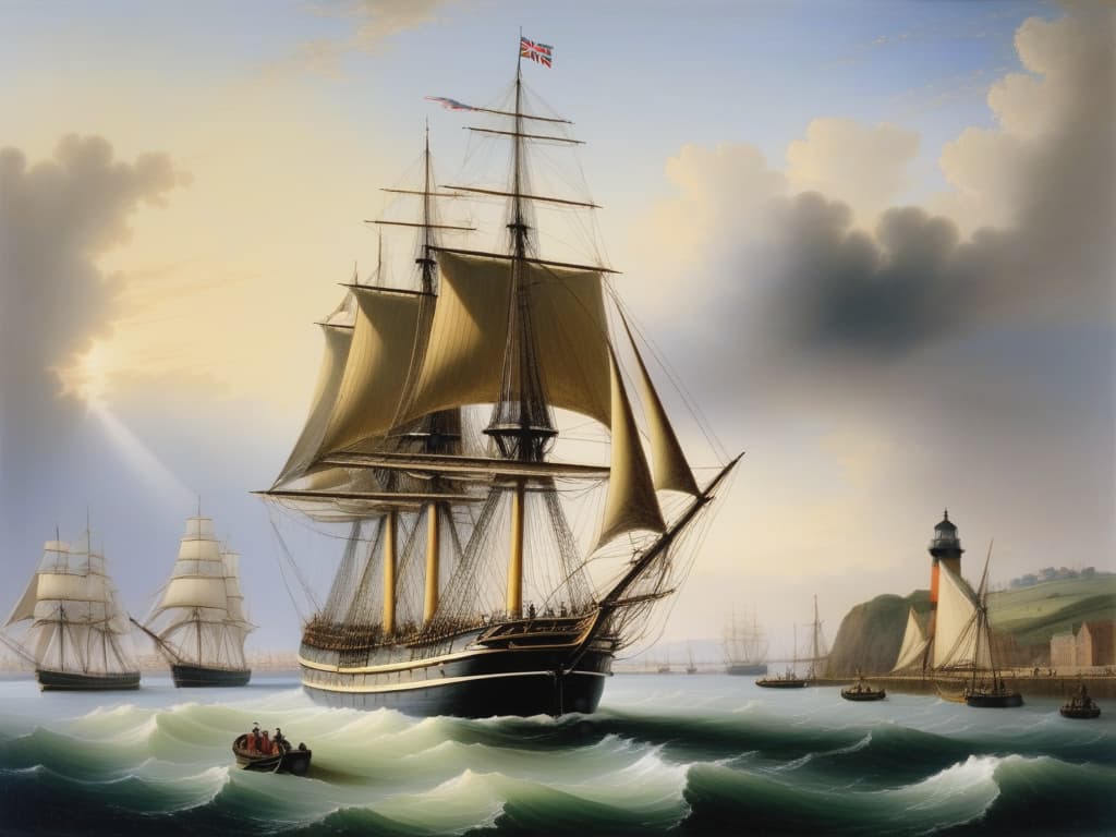  the cutty sark sails out of an english harbour in 1871, several small ships anchored in the harbour, people on the piers and in the harbour, painting, 1820, high quality, realistic image