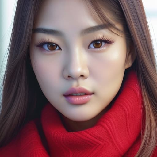  (--Style Photoralism, Jennie Kim)|((full body)) a close up of a woman with a red scarf on, blackpink jennie, popular south korean makeup, portrait of female korean idol, popular korean makeup, beautiful south korean woman, harpers bazaar, harper's bazaar, beautiful oriental woman, korean face features, dior campaign, korean audrey hepburn, vogue journal cover, inspired by Zhang Shuqi, detailed face of a asian girl