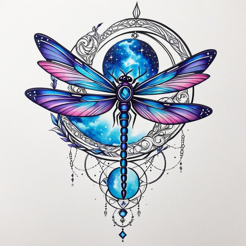  a cybernetic dragonfly with two separate crescent moons. use the colors blue, purple, and pink.,(tattoo), tattoo design