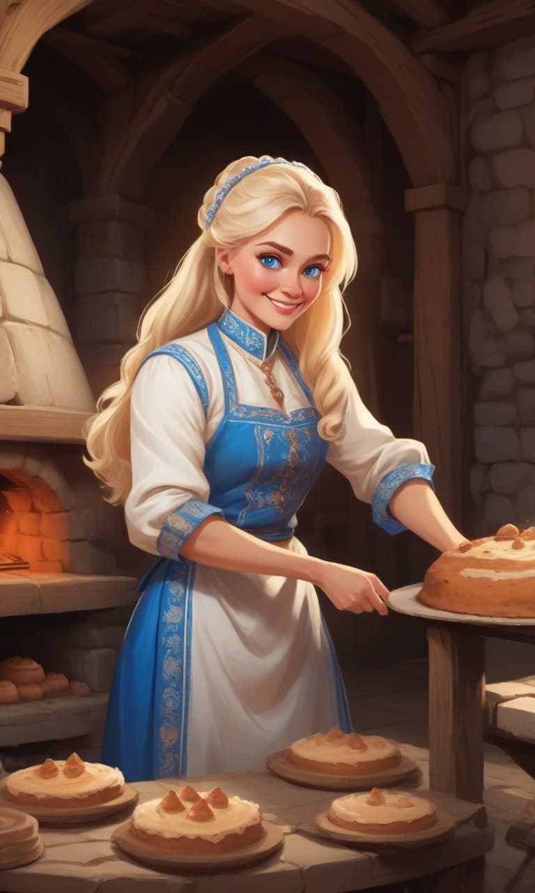  masterpiece, the best quality, a russian woman in traditional clothes prepares cakes in a stone oven, a very light smile, tense, piercing eyes, blue eyes, flowing blond hair, dressed in a traditional russian outfit, cooks in the open air, inside a wooden castle, against the background of an ancient russian throne room in a wooden castle, cartoon style, cute,