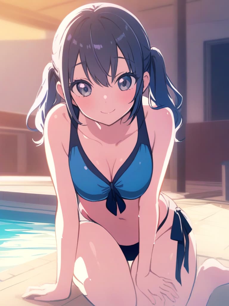  junior high s, twin tails, cute smiles, swimwear (dark blue), swimwear, old , s with , (shaped clear , bulging, phimosis), flirts, whole body, pool side,