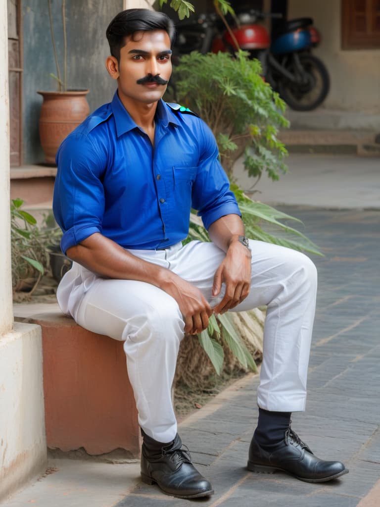  a handsome muscular indian soldier with simple small moustache and clean shaved face