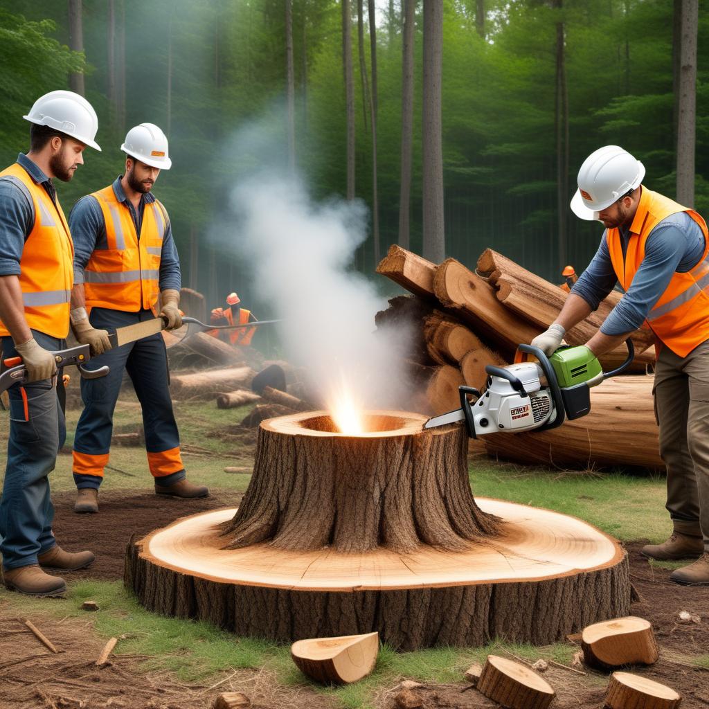  A scene of tree stump removal by professionals. The image should show a tree stump being cut down or removed by workers. Include workers wearing safety gear such as helmets and vests, using tools like axes, chainsaws, or specialized machinery. The setting can be a typical backyard or a wooded area. hyperrealistic, full body, detailed clothing, highly detailed, cinematic lighting, stunningly beautiful, intricate, sharp focus, f/1. 8, 85mm, (centered image composition), (professionally color graded), ((bright soft diffused light)), volumetric fog, trending on instagram, trending on tumblr, HDR 4K, 8K