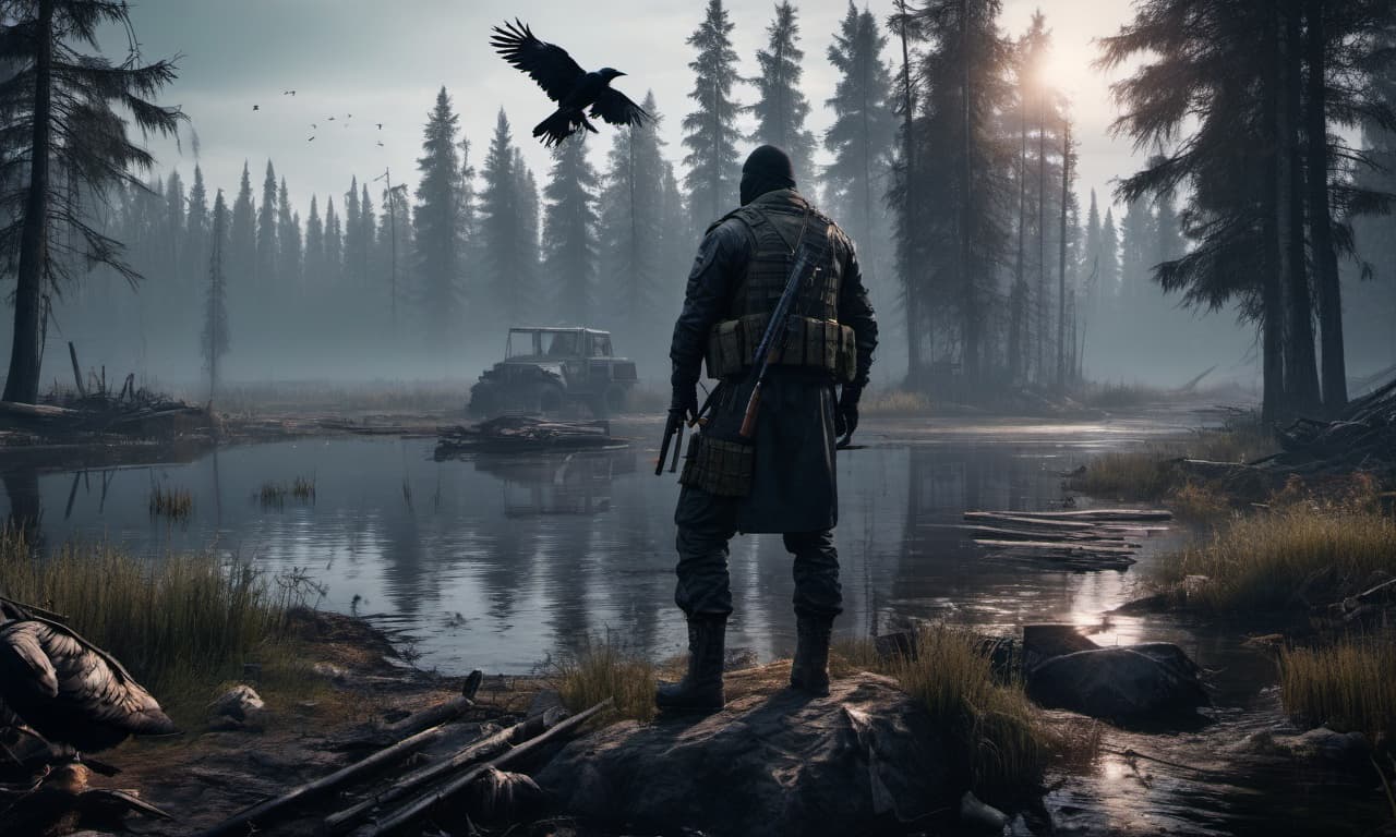  dystopian style escape from tarkov the man with the crow near the lake . bleak, post apocalyptic, somber, dramatic, highly detailed hyperrealistic, full body, detailed clothing, highly detailed, cinematic lighting, stunningly beautiful, intricate, sharp focus, f/1. 8, 85mm, (centered image composition), (professionally color graded), ((bright soft diffused light)), volumetric fog, trending on instagram, trending on tumblr, HDR 4K, 8K