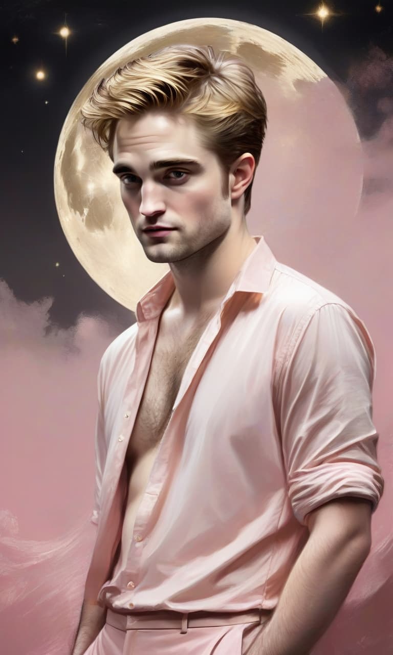  concept art pink, gold, black, white moonlight robert pattinson to the waist in a gold shirt behind . digital artwork, illustrative, painterly, matte painting, highly detailed, perfect hands