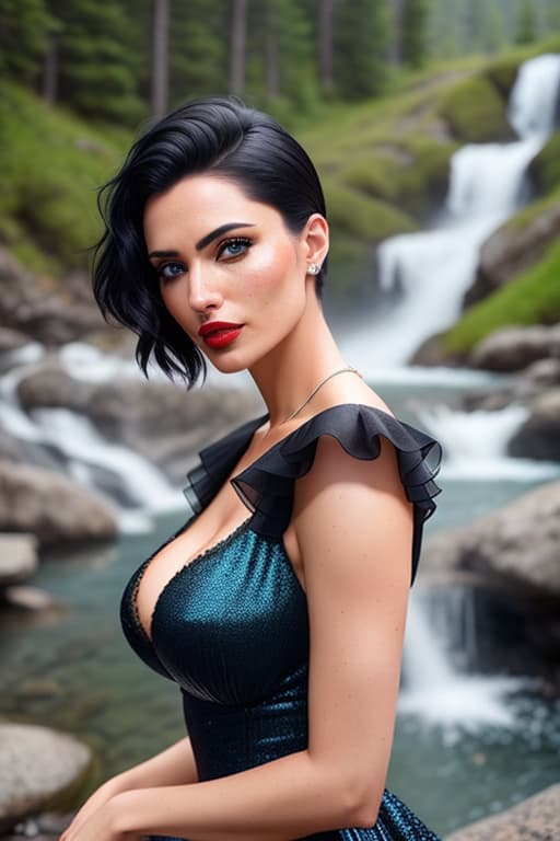  4k, ultra realistic, a photograph of a playful lady, undercut hair, black hair, lusty Summer dress, amazing body, light blue eyes, carmin red lips, pronounced feminine feature, busty, very deep cleavage, teeth, wyoming mountains , Waterfall, spring, bokeh, [black hair], freckles, flirting with camera, selfie hyperrealistic, full body, detailed clothing, highly detailed, cinematic lighting, stunningly beautiful, intricate, sharp focus, f/1. 8, 85mm, (centered image composition), (professionally color graded), ((bright soft diffused light)), volumetric fog, trending on instagram, trending on tumblr, HDR 4K, 8K