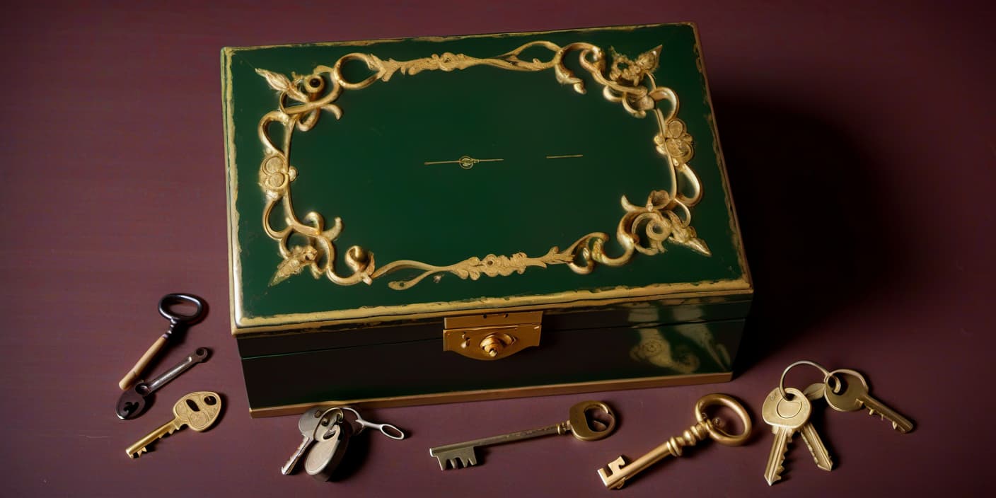  i look into a large open vintage, lacquered box with keys and tools, with gold details located exactly, right in front of my face, beaten inside with green velvet