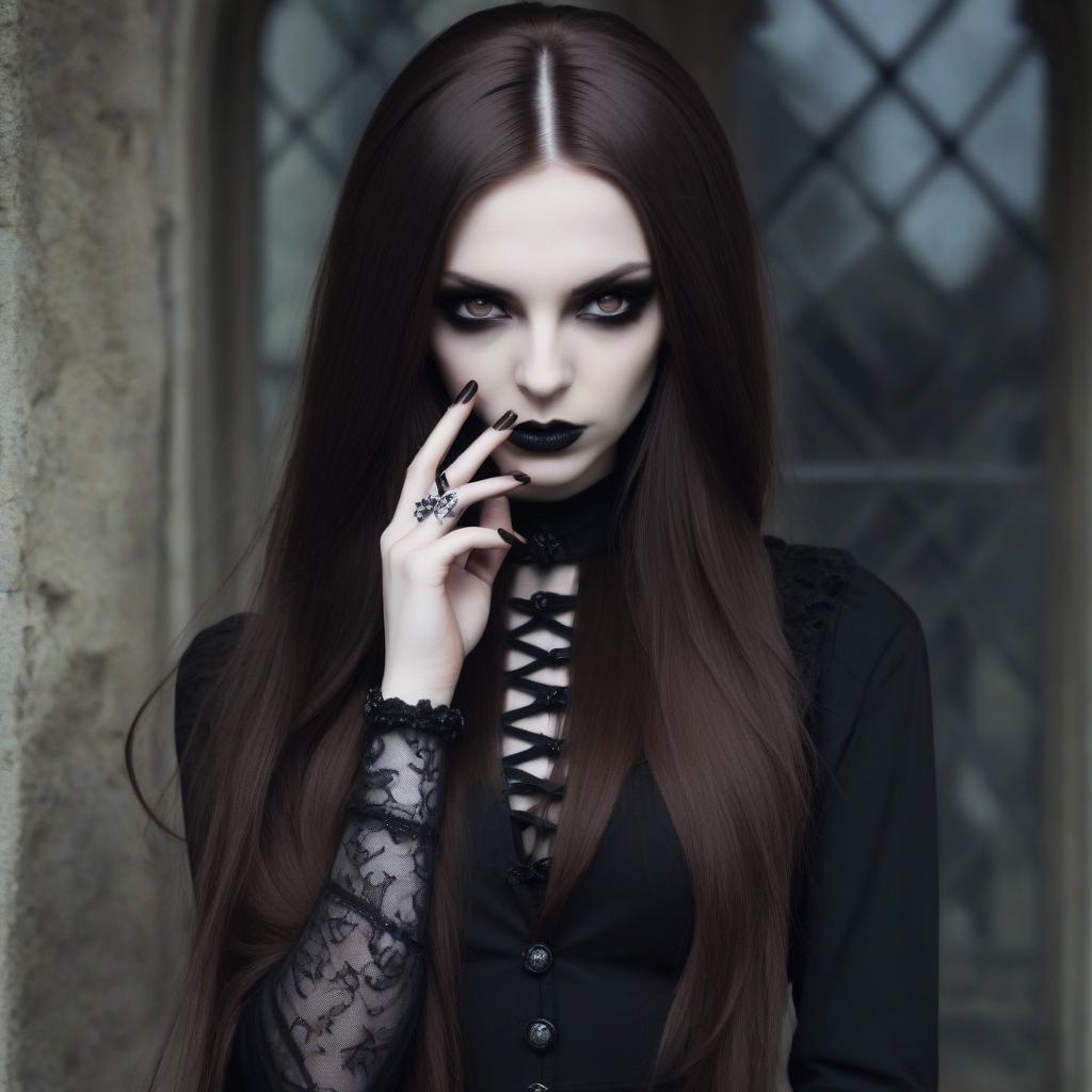  girl, gothic, long brown hair, long black sharp nails