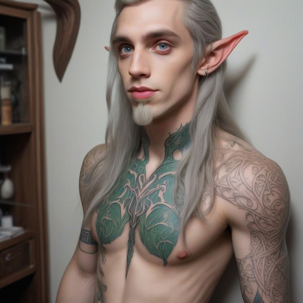  tattoo elvish tongue on the shoulders and torso of a long haired elf