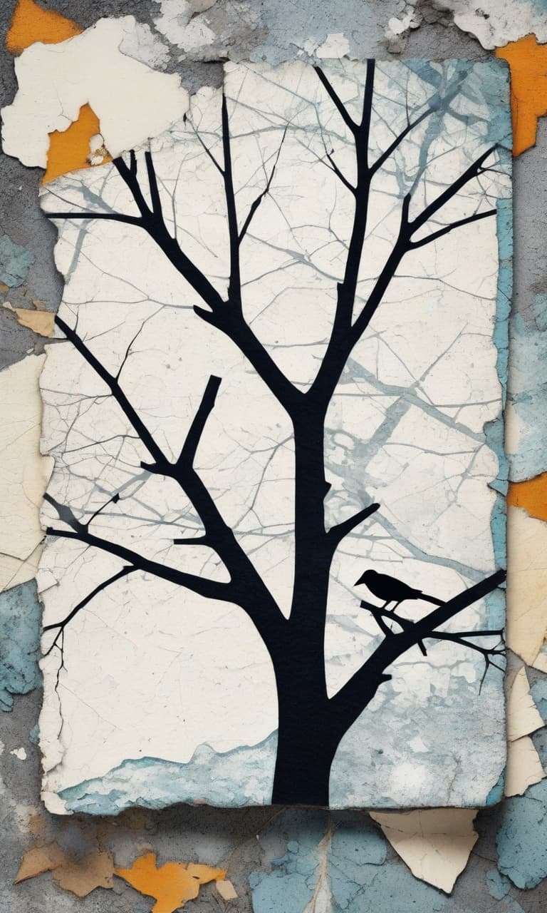  grunge delamination combination of drawing and photo splitting minimalism on asphalt crack in the form of a tree abstraction on a branch a white crow sits drawn with chalk applique craft scrap of a photo close up photo on a polaroid cubism collage applique