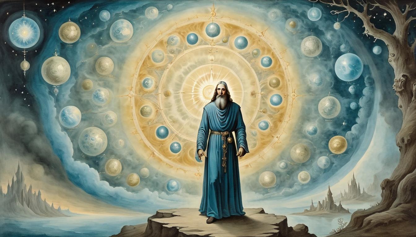  on parchment, surrealism+++, enlightened figure, with divine aura, surrounded by celestial orbs, radiant atmosphere(mysterious, provocative, symbolic,muted color)+++