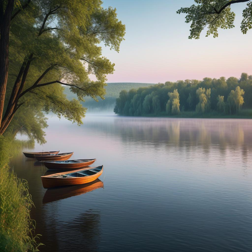  cinematic photo a serene and majestic landscape of the volga river, captured on a warm summer morning, with the gentle mist rising from the calm waters, set against a soft blue gray sky with hints of pink and orange hues on the horizon. the riverbanks are lined with lush green vegetation, including tall trees and verdant bushes, which stretch towards the water's edge. a few sailboats and wooden boats are anchored or drifting lazily along the river, adding a sense of tranquility and peacefulness to the scene. the image exudes a sense of calmness and relaxation, with the volga river's gentle flow and the surrounding landscape's natural beauty taking center stage. . 35mm photograph, film, bokeh, professional, 4k, highly detailed hyperrealistic, full body, detailed clothing, highly detailed, cinematic lighting, stunningly beautiful, intricate, sharp focus, f/1. 8, 85mm, (centered image composition), (professionally color graded), ((bright soft diffused light)), volumetric fog, trending on instagram, trending on tumblr, HDR 4K, 8K