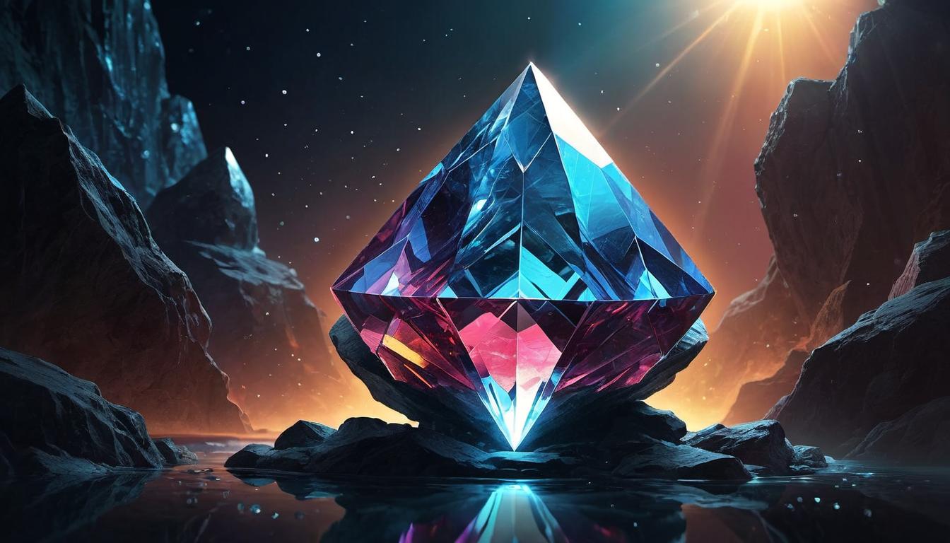  （surrealism)an abstract representation of a glowing gem, facets illuminated, inscribed with subtle text and symbols, background emphasizing contrast, value, rarity mystic, intricate details, best quality)