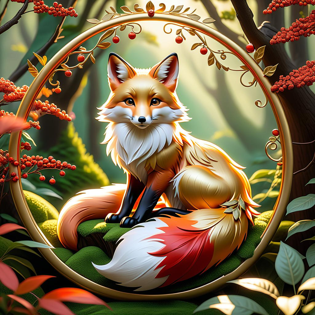  dreamscape (frame):gold round frame decorated with fancy oak leaves and rowan berries. (picture). animalism in fantasy style: little fox sleeping in the arms of big mum fox. appearance of a fox:sweetly sleeping curled up in a ball. (colours):orange, red, white, beige, gold, all shades of green, brown, brown gold. (style):animalism, fantasy, fairy tale, tenderness, kindness, calmness, cartoon . surreal, ethereal, dreamy, mysterious, fantasy, highly detailed, civitai, hkmagic hyperrealistic, full body, detailed clothing, highly detailed, cinematic lighting, stunningly beautiful, intricate, sharp focus, f/1. 8, 85mm, (centered image composition), (professionally color graded), ((bright soft diffused light)), volumetric fog, trending on instagram, trending on tumblr, HDR 4K, 8K