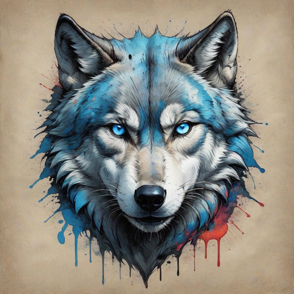  dystopian style (masterpiece, ink drawing: 1.8), aggressive white wolf, ferocious facial expression (bright blue eyes: 1.3), clear facial features, complex details of fur texture (dynamic appearance: 1.4), bold splatterpunk style, single lines illustrating violent movements, bright splashes of color around the wolf contrasting shades of black and bright colors, chaotic but harmonious composition (grunge background: 1.1), reminiscent of wild nature, energetic and unbridled atmosphere, striking visual effect glorifying the strength and beauty of a feline predator. . bleak, post apocalyptic, somber, dramatic, highly detailed, on parchment hyperrealistic, full body, detailed clothing, highly detailed, cinematic lighting, stunningly beautiful, intricate, sharp focus, f/1. 8, 85mm, (centered image composition), (professionally color graded), ((bright soft diffused light)), volumetric fog, trending on instagram, trending on tumblr, HDR 4K, 8K