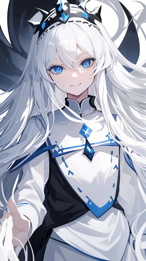  one full length , , blue eyes, long white hair, in a simple short black , in a white sailor, on a white empty background, without a headdress, very high quality, smiles, correct anatomy