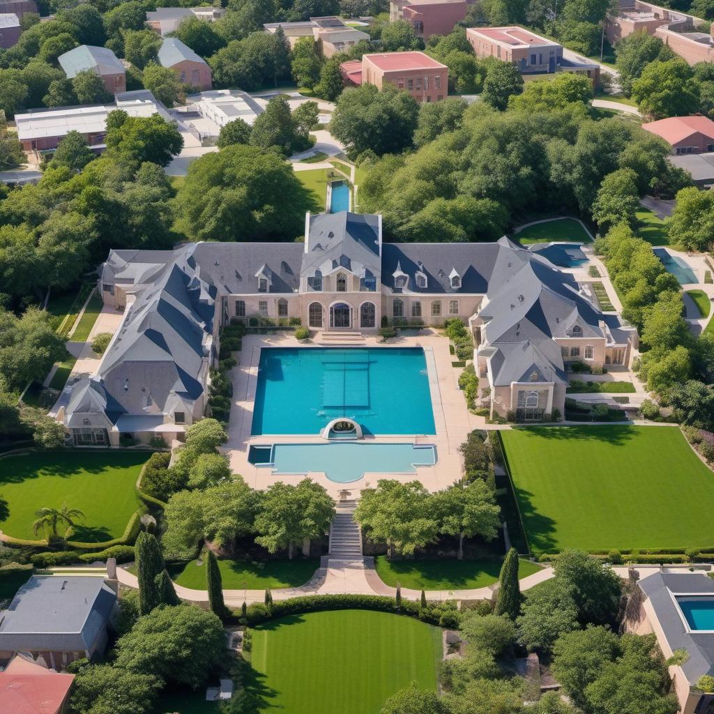  high school exterior aerial layout with lots of windows arches a courtyard in the middle with a garden, pool and rooftop art space and curb appeal, mystical style