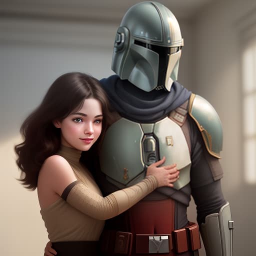  a mandalorian man and a girl stand next to him, hugging., photorealistic, hyperrealistic, hyperdetailed, analog style, demure, detailed skin, pores, smirk, smiling eyes, matte skin, soft lighting, subsurface scattering, realistic, heavy shadow, masterpiece, best quality, ultra realistic, 8k, golden ratio, intricate, high detail, film photography, soft focus