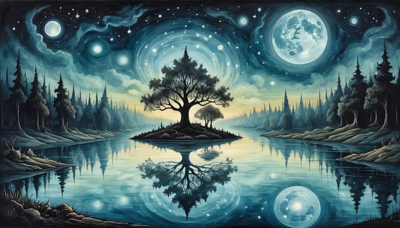  on parchment, surrealism+++, a still pond with ripples emanating from a single point, surreal reflection of a night sky, water shimmering with arcane light, mysterious, enchanting(mysterious, provocative, symbolic,muted color)+++